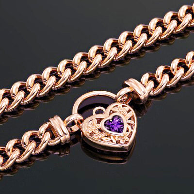 18ct Heavy Rose Gold Plated Euro Chain Necklace with a Purple Filigree Locket - USA Made-3